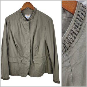 Talbots Feild Jacket Size 14W Beaded Trim Casual Canvas Green Beige Pockets